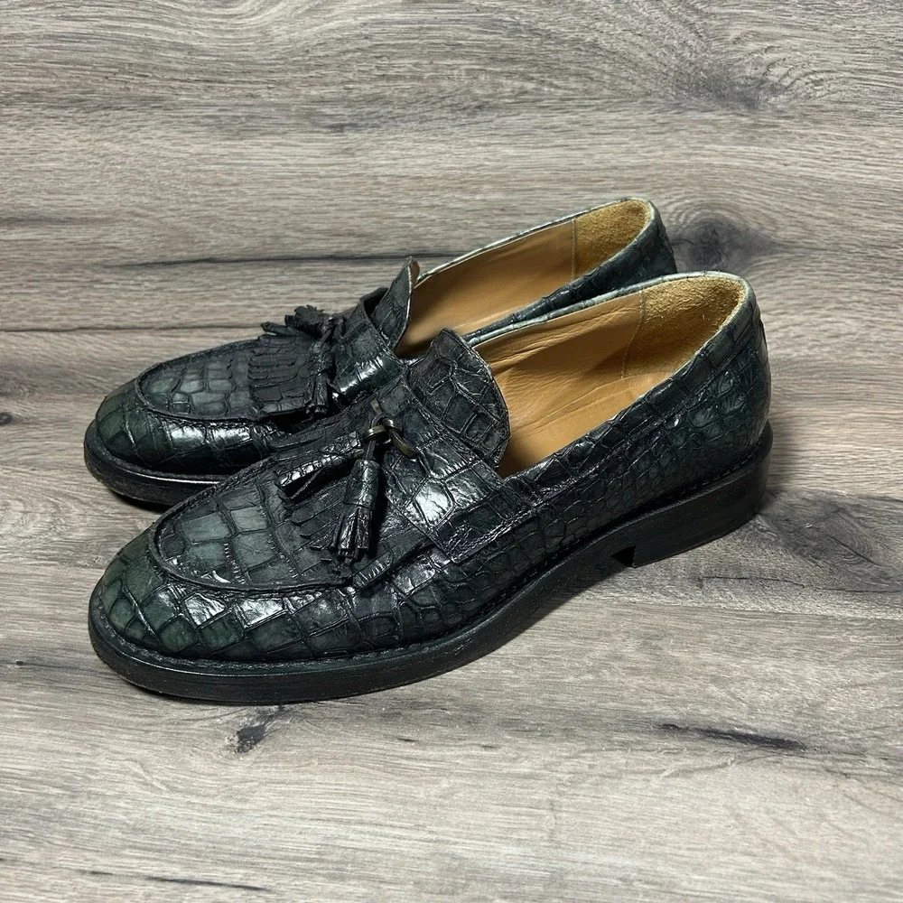 Jo Ghost Mens Green Leather‎ Loafers Size 41  Crocodile Print Square Dress Shoes